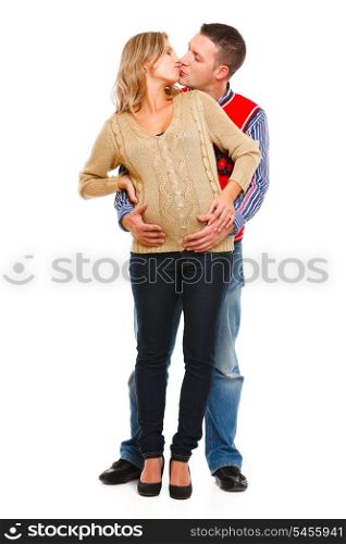 Pregnant woman kissing husband isolated on white&#xA;