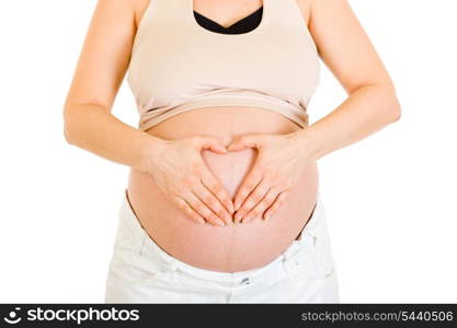 Pregnant woman making heart with her hands on belly isolated on white. Close-up.&#xA;