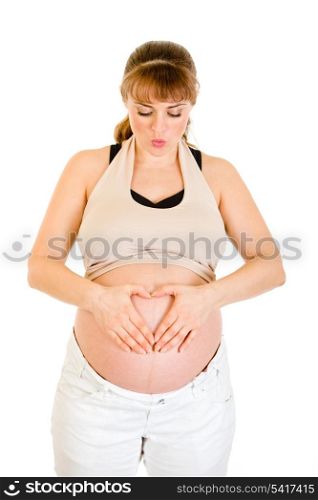 Pregnant woman making heart with her hands on tummy isolated on white&#xA;