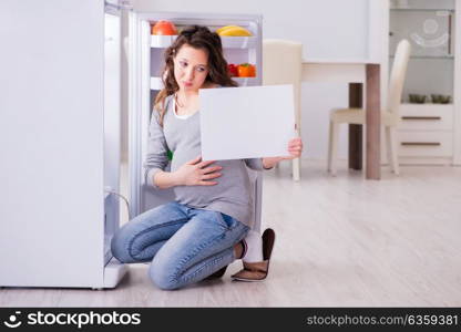 Pregnant woman near fridge with blank message