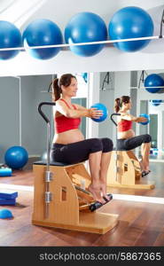 pregnant woman pilates leg pumps exercise on wunda chair