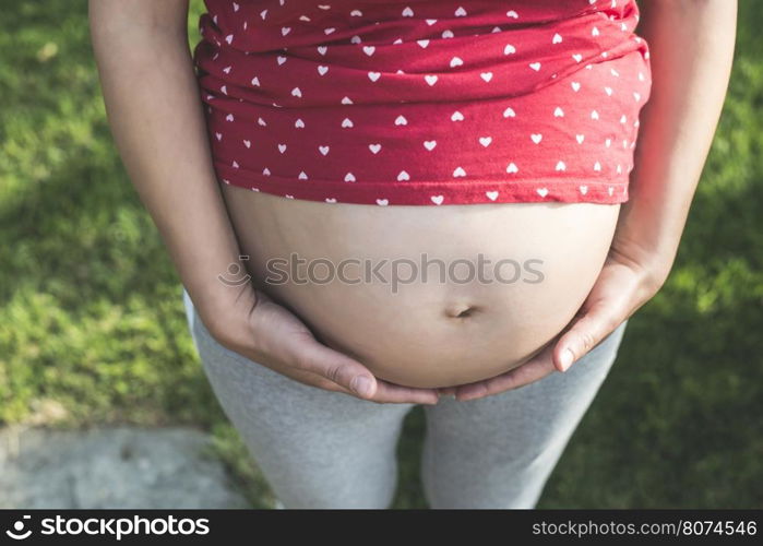 Pregnant woman shows his belly. In the nature. Green meadow