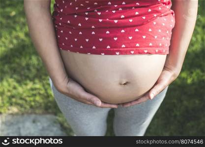 Pregnant woman shows his belly. In the nature. Green meadow