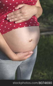 Pregnant woman shows his belly. In the nature. Green meadow