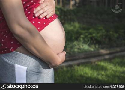 Pregnant woman shows his belly. In the nature. Green meadow