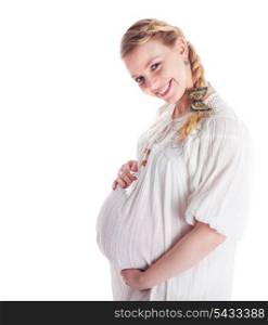 Pregnant woman smiling isolated on white