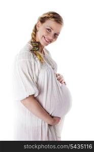 Pregnant woman smiling isolated on white