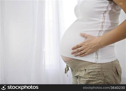 Pregnant woman standing by window, mid section