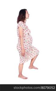 pregnant woman stepping on imaginary step isolted on white background