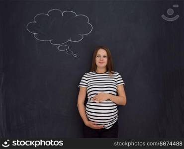 pregnant woman thinking in front of black chalkboard. young pregnant woman thinking about names for her unborn baby to writing them on a black chalkboard