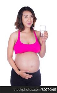 pregnant woman with a glass of water isolated on white background