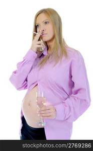 pregnant woman with alcohol isolated on white background