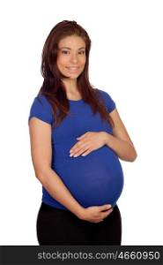 Pregnant woman with blue t-shirt isolated on a white background