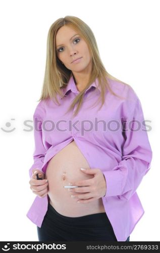 pregnant woman with cigarette isolated on white background