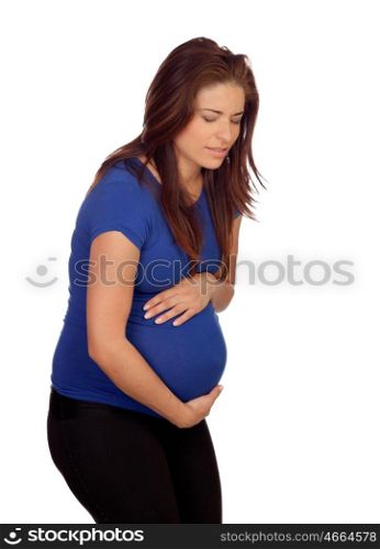 Pregnant woman with contractions isolated on a white background
