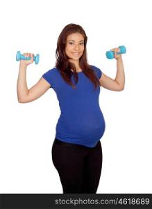 Pregnant woman with dumbbells isolated on a white background