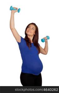 Pregnant woman with dumbbells isolated on a white background