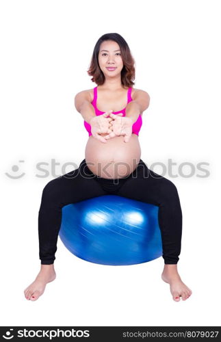 Pregnant woman with fitness ball isolated on white background