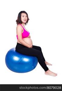 Pregnant woman with fitness ball isolated on white background
