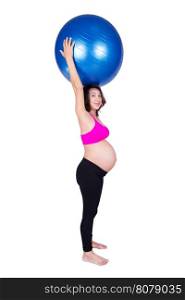 Pregnant woman with fitness ball isolated on white background