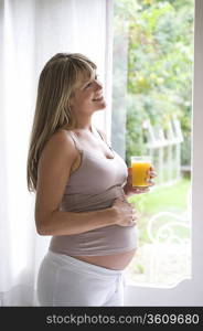 Pregnant woman with glass or orange juice