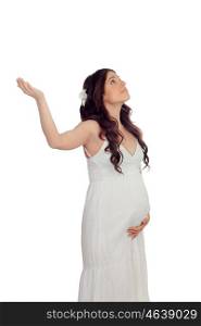 Pregnant woman with hands extended isolated on white background