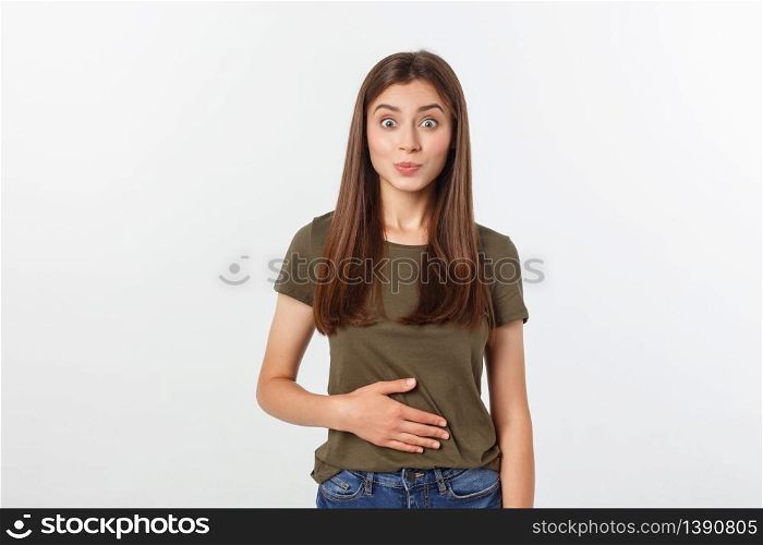pregnant woman with her hands on her stomach, isolated against white background.. pregnant woman with her hands on her stomach, isolated against white background