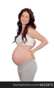 Pregnant woman with kidney pain isolated on white background