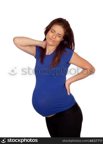 Pregnant woman with neck pain isolated on a white background