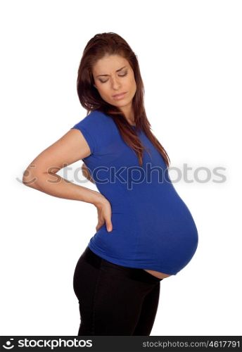 Pregnant woman with pain in kidneys isolated on a white background