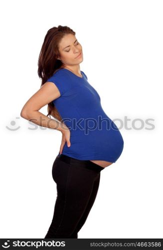 Pregnant woman with pain in kidneys isolated on a white background