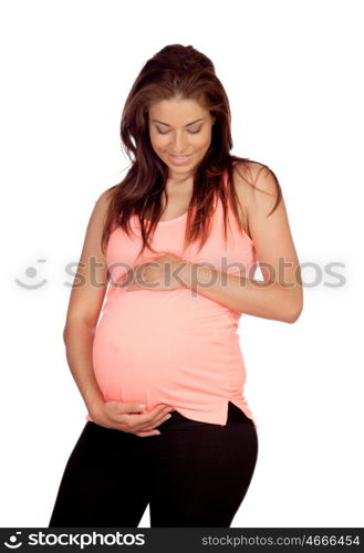 Pregnant woman with pink t-shirt isolated on a white background