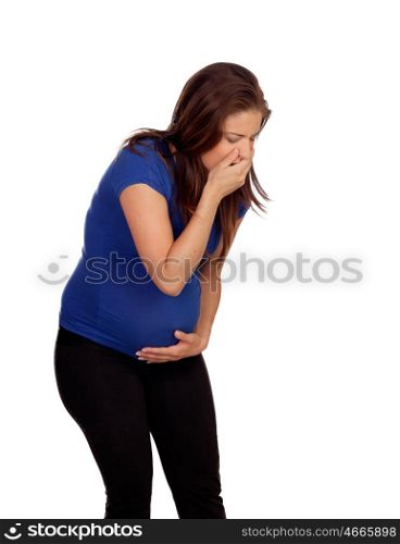 Pregnant woman with vomiting isolated on a white background