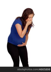 Pregnant woman with vomiting isolated on a white background