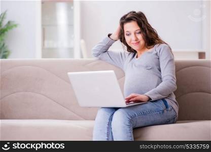 Pregnant woman working on laptop sitting on sofa