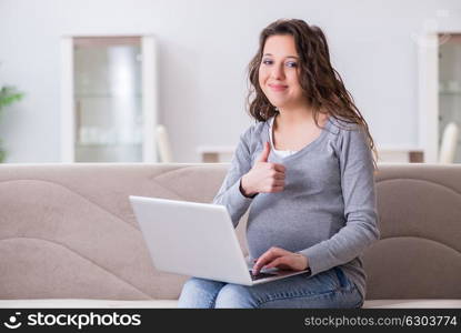 Pregnant woman working on laptop sitting on sofa