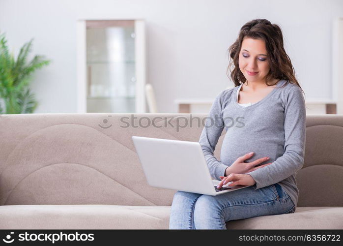 Pregnant woman working on laptop sitting on sofa