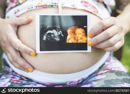 Pregnant women hold picture of womb. Daylight in the garden