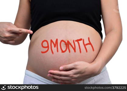 "Pregnant women with the inscription "9 month ""