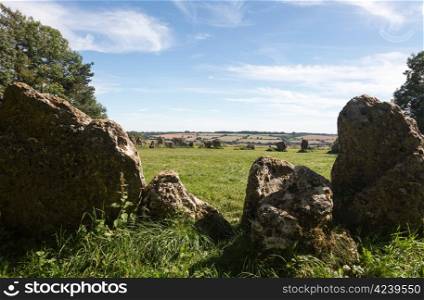 Prehistoric Rollright stone circle known as King&rsquo;s Men in Cotswolds England