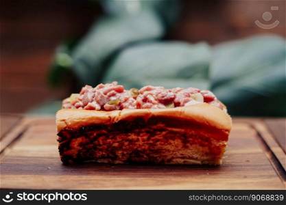Premium beef tartare inside a muffin bread