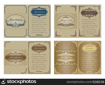 premium invitation or wedding card in vintage decorative golden frame with beautiful filigree and retro border on ancient background, luxury postcard, ornament vector