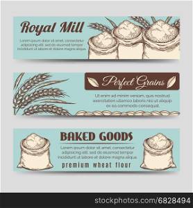 Premium mill product banners template. Premium mill product banners template. Vector banners with whole bag wheat flour, grains and ears of wheat