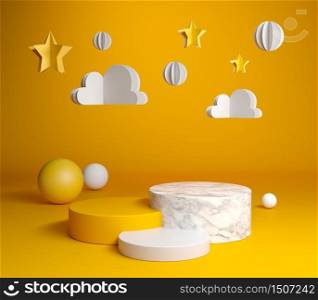 Premium Mock Up Podium Set Collection With Yellow Paper Art Background 3d Render