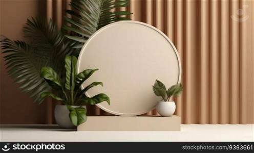 Premium podium on pastel background with plant branches,leaves,pebbles and natural stones. Product presentation, mock up, show cosmetic product.