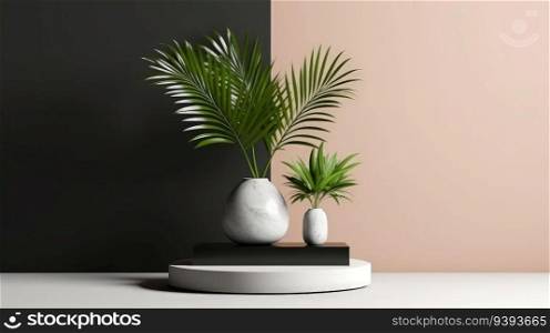 Premium podium on pastel background with plant branches,leaves,pebbles and natural stones. Product presentation, mock up, show cosmetic product.