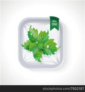 Premium Quality Mint Pack. Plastic Tray Container with Cellophane Cover. Packaging Design Label.