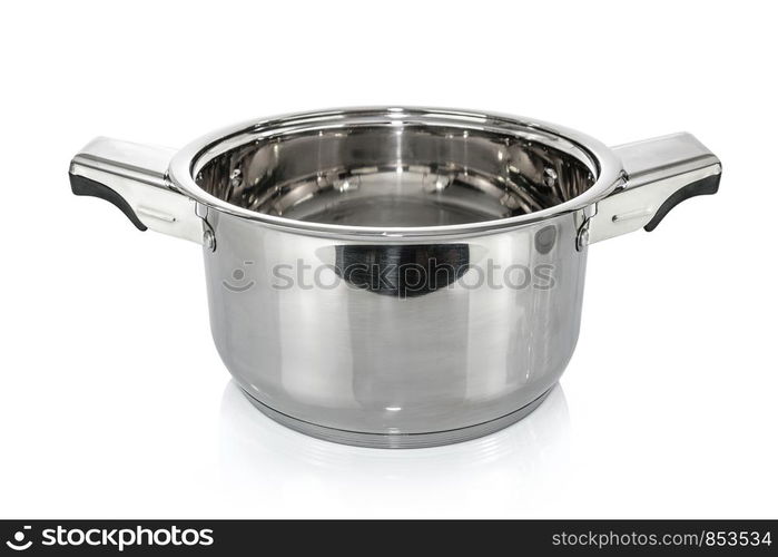 Premium stainless steel metal cooking pot isolated on a white background.