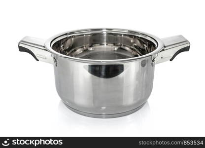 Premium stainless steel metal cooking pot isolated on a white background.