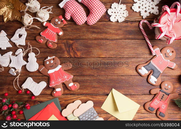 Preparation a Christmas gift boxes, empty place for text. Christmas table frame